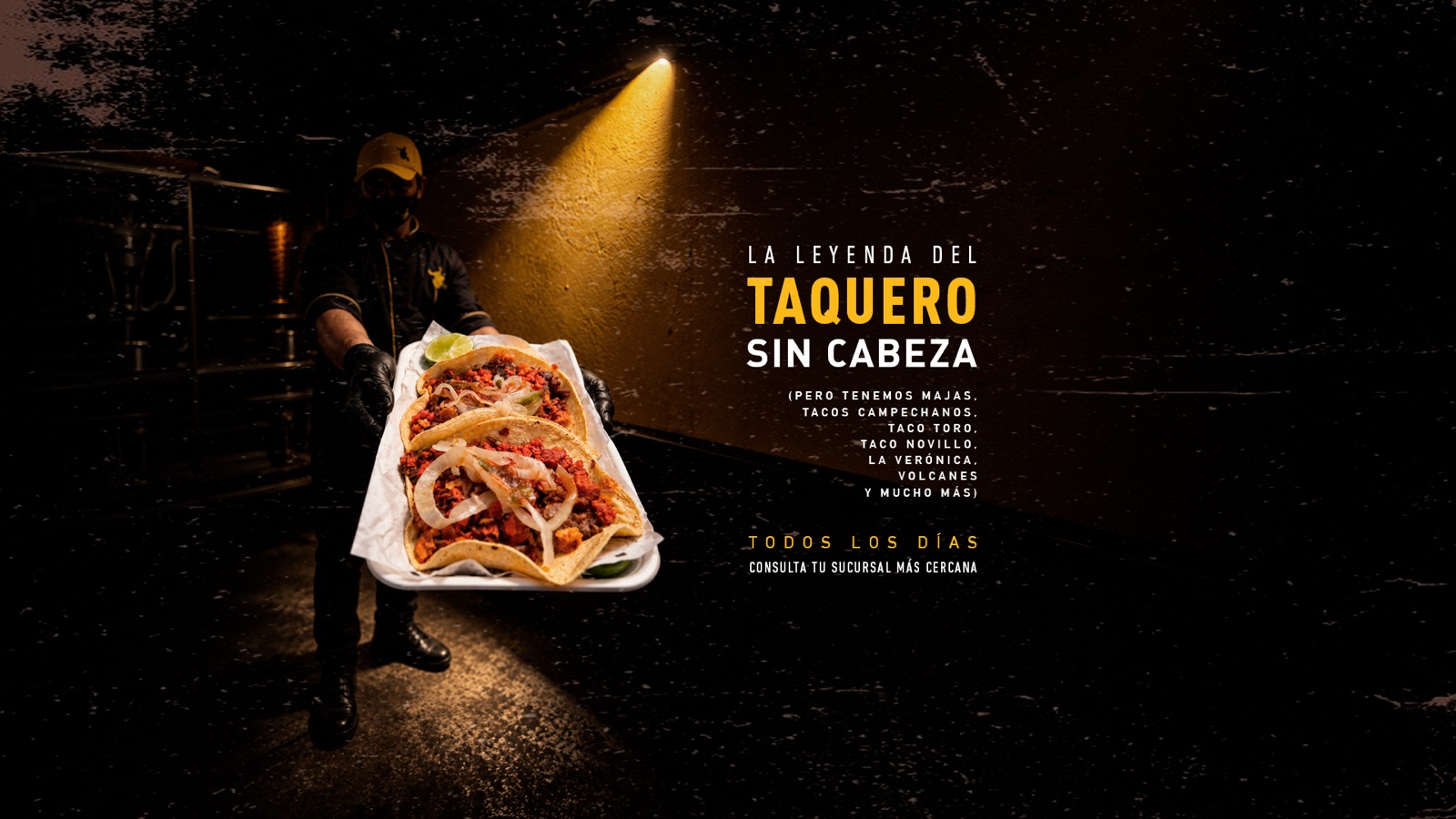 La leyenda del taquero sin cabeza: majas, campechanos, taco toro, novillo, la Verónica, volcanes y mucho más. Todos los días en Tacos Don Manolito.